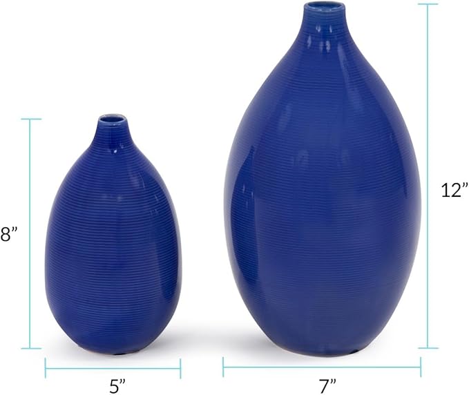 Howard Elliott Glazed Ceramic Flower Or Decorative Home Vase Set, Cobalt Blue, 2 Piece, 7 x 12 Inch and 5 x 8 inch
