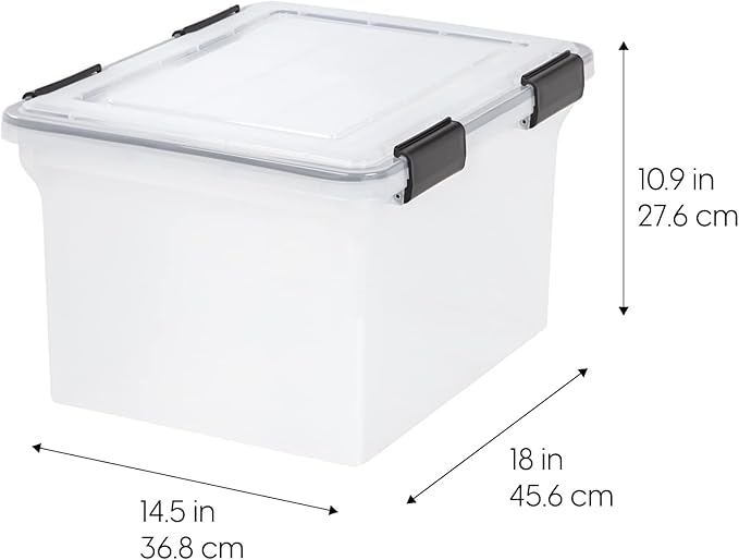 IRIS USA File Box WeatherPro File Organizer Plastic File Box for Letter/Legal File, Water Resistant Document Box, Durable Lid, Seal w/Secure Latching Buckles, Stackable, Nestable, Clear 32 Qt. 4Pack