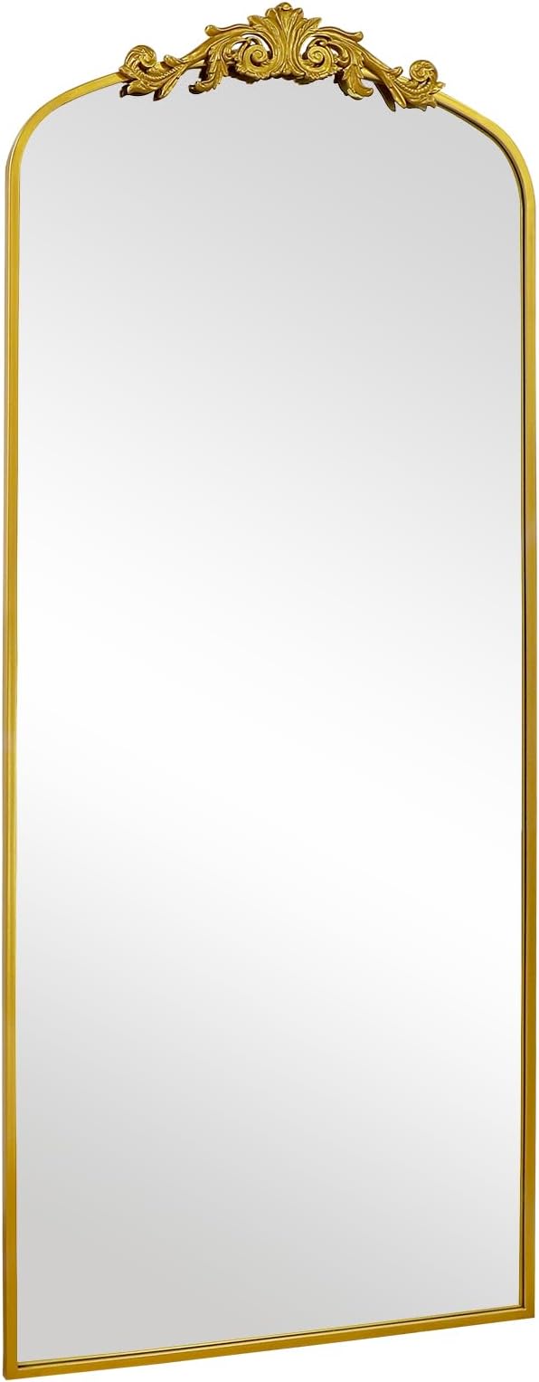 71" x 30" Gold Arch Full Length Mirror, Vintage Ornate Baroque Floor Mirror with Decorative Crown, Large Arched Wall Mounted Dressing Mirror for Bedroom, Living Room, Entryway
