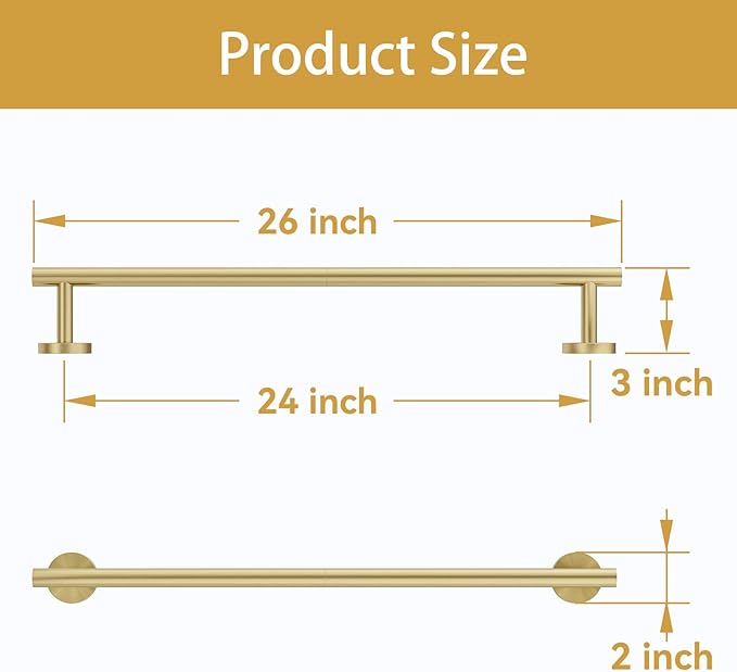 Brushed Gold Towel Bar, 24 Inch Bathroom Towel Rack (Total Length 26-Inch), Towel Holder Wall Mounted, Thicken SUS304 Stainless Steel Towel Rod Modern Home Decor