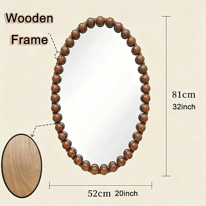 Oval Wall Mirror with Beaded Frame, 81x52cm Boho Wooden Vanity Mirror, for Bathroom, Entryway, Hallway, Living Room