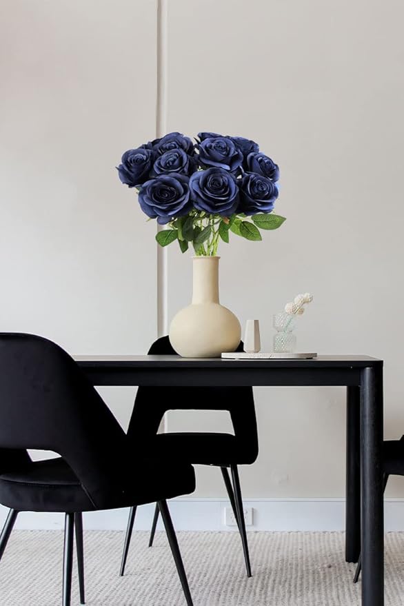 Artificial Rose Flower Artificial Flowers Flower with Long Stem Silk Roses Bouquet for Wedding Bridal Shower Party Home Decoration (Navy Blue, 12 Pcs)