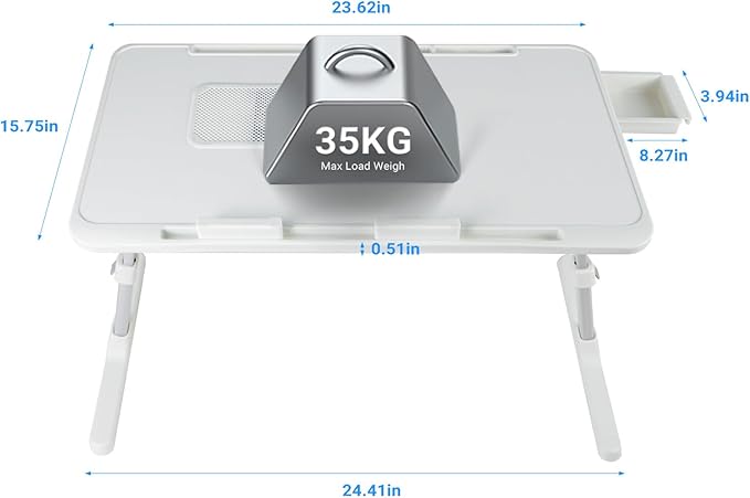 iXTRA Laptop Lap Desk with Cooling Fan - Adjustable with Light, USB, Storage Drawer - Folding Bed Desk,23.62"*15.74",White