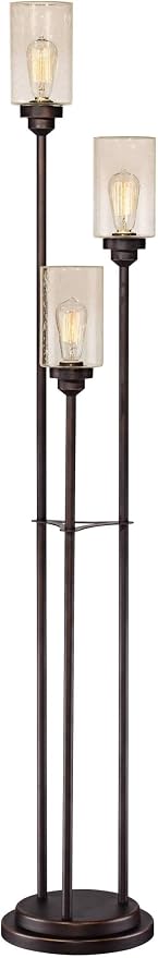 Franklin Iron Works Libby Industrial Modern 66" Tall Tree Floor Lamp with Smart Socket Oiled Bronze Brown Metal 3-Light Amber Seeded Glass Shade for Living Room Family Bedroom Office House Home