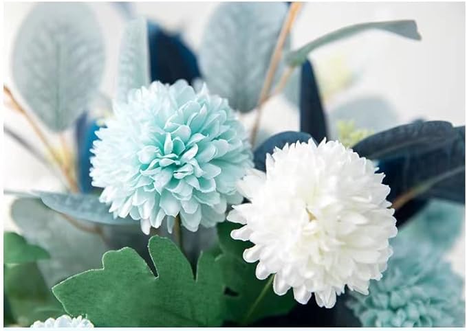 LADADA Blue Artificial Flower Bouquet in Ceramic Vase, White and Blue Ball Chrysanthemum with Eucalyptus, Minimalist Desk Decor for Office Home Centerpiece
