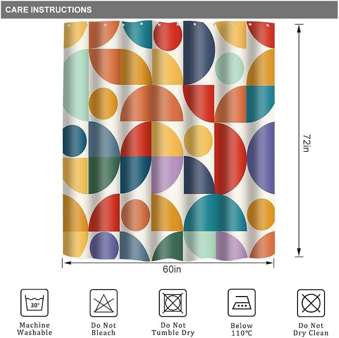 Vintage Colorful Rainbow Mid Century Shower Curtain Modern Abstract Geometric Art Bathroom Curtain Decor 60x72 Inch Washable Fabric Bright Retro Boho Circle Patterned Bath Curtain with 10 Hooks