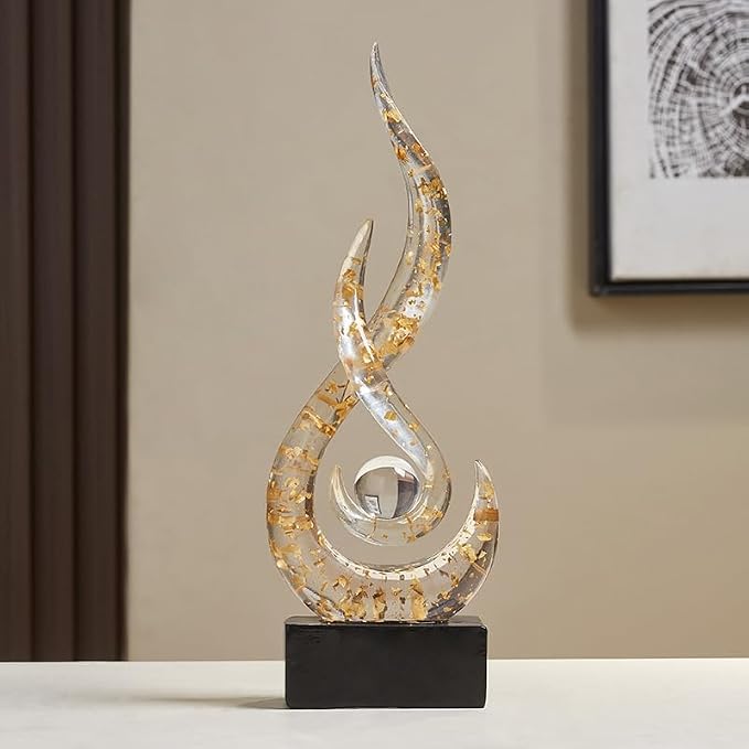 Modern Abstract Art Table Decoration,Resin Flame Statue Modern Centerpiece Ornaments for Living Room Great Gift Idea Home Decor,Collectibles (White+Gold)
