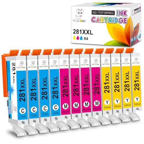 Miss Deer CLI-281 XXL Cyan Magenta Yellow-12 Color Ink Compatible with Canon 281XXL CLI281 Value Pack Work for Pixma TS6120 TS8120 TR7520 TR8520 TS9120 TS6220 TS8220 TS9520 TS9521C (4C,4M,4Y) 12 Pack