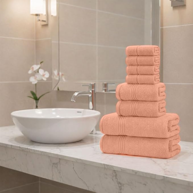 8 Piece Bath Towels for Bathroom - 100% Cotton, Soft Absorbent Bathroom Towels Set - 2 Extra Large Bath Towels, 2 Hand Towels & 4 Washcloths - Hotel Spa Thick Plush Towel, Peach