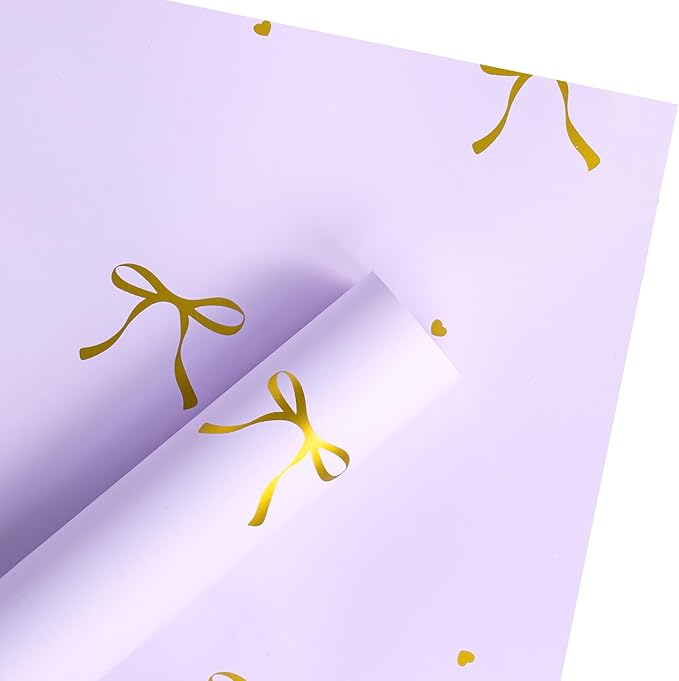 WRAPAHOLIC 20 Sheets Flower Wrapping Paper - 22.4 x 22.4 inch Purple Bow Water-Resistant Floral Bouquet Wrapping Paper, Florist Supplies Packaging for Wedding Birthday Gift DIY