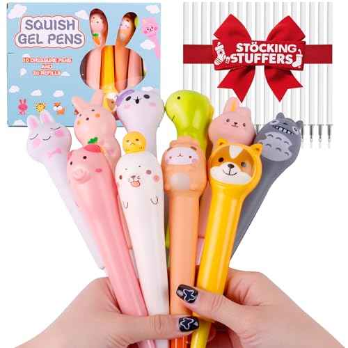 Kawaii Pens Squishies 10pk - Gel Ink Animals Fun Pens - Stocking Stuffers for Kids Girls,Christmas Cute Pens Set for Kids with 20 Refills, Stocking Stuffers for Girls and Children's Party Favors Gifts