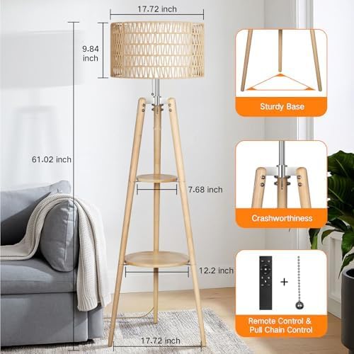 OUTON Boho Rattan Tripod Floor Lamp with Shelves, Dimmable Mid Century Modern Standing Lamp with Remote Control,Wood Tall Floor Lamps for Living Room Bedroom Office Farmhouse Bulb Included