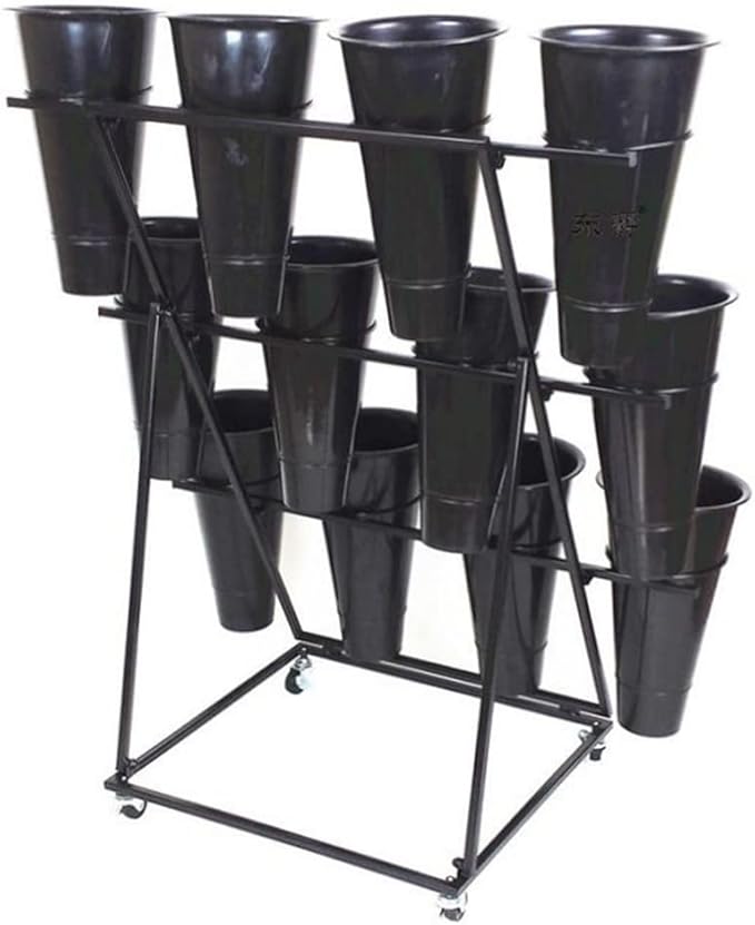 Decorative Display Stand With Buckets for Cut Flowers, Heavy Duty Rolling Plant Stand on Wheels, Indoor Outdoor Cart Ladder Shelf for Florist, Garden, Patio (3 Tier 12 Black Bucket)