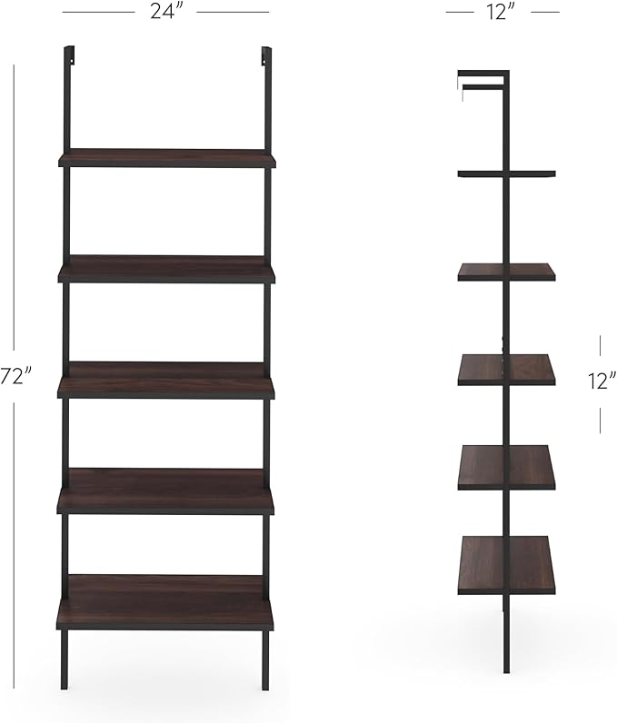 Nathan James Theo 5-Shelf Wood Modern Bookcase, Open Wall Mount Ladder Bookshelf with Industrial Metal Frame, Walnut Brown/Black, Set of 3