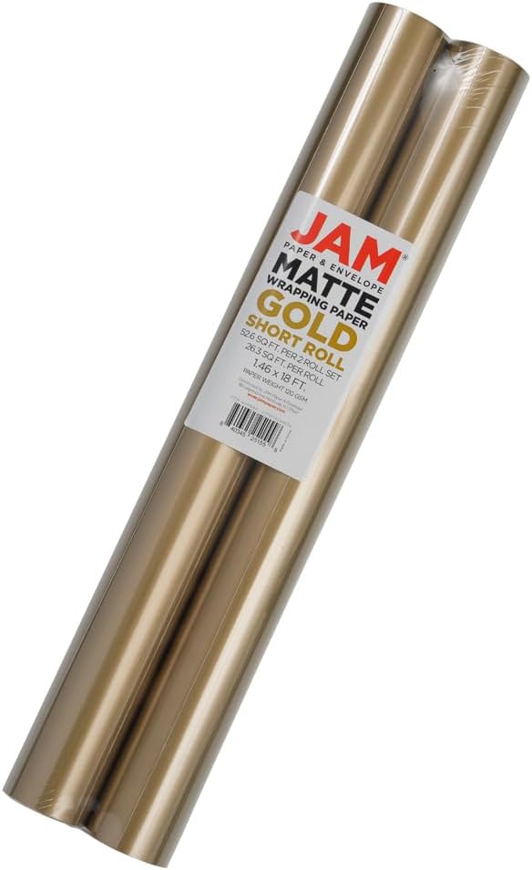 JAM Paper Gift Wrap - Matte Wrapping Paper - 52.6 Sq Ft Total (17 in x 18 Ft Each) - Matte Gold Foil - 2 Rolls/Pack