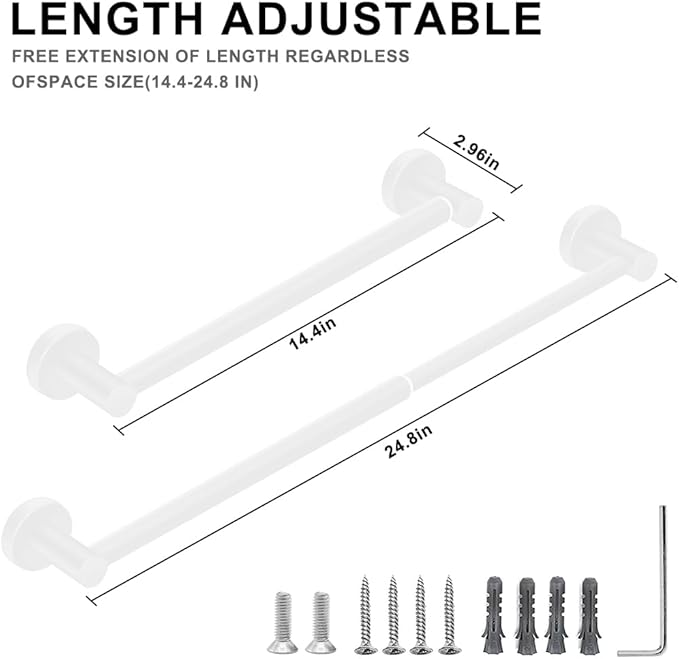MGahyi Towel Racks for Bathroom-Adjustable Towel Holder(13.18inch-24inch) Sturdy and Rustproof Towel Bar Wall Mounted, Single Towel Bar Rod for Bathroom Accessories (White, 1Pack)