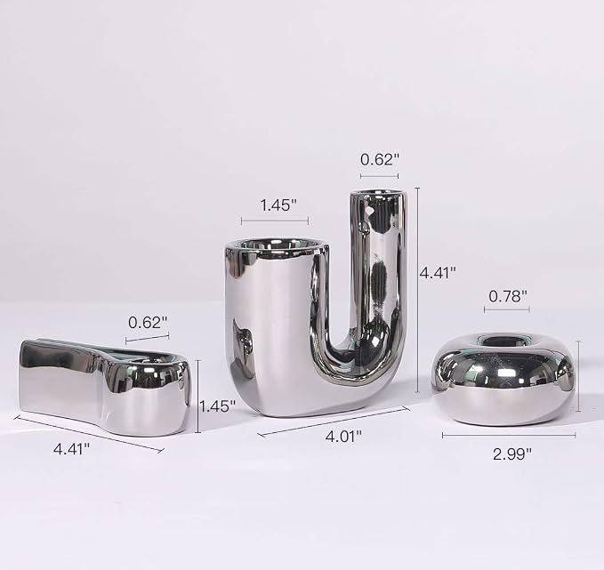 Silver Candlestick Holders, Decorative Taper Candle Holder Set Decor for Table Centerpiece Fireplace, Modern Silver Candle Holders Set, Aesthetic Ceramic Candle Stick Holder