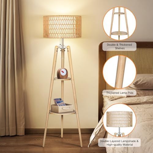 OUTON Boho Rattan Tripod Floor Lamp with Shelves, Dimmable Mid Century Modern Standing Lamp with Remote Control,Wood Tall Floor Lamps for Living Room Bedroom Office Farmhouse Bulb Included