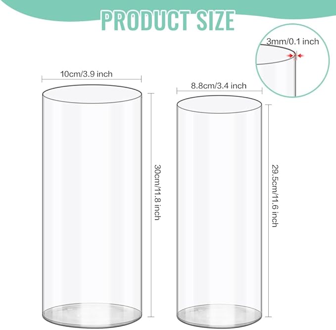 Olrla 2 Sets Tall Transparent Acrylic Flower Vase Height 11.61'', Shatter-Proof Clear Cylinder Vase for Rose and Lily Flowar Arrangement