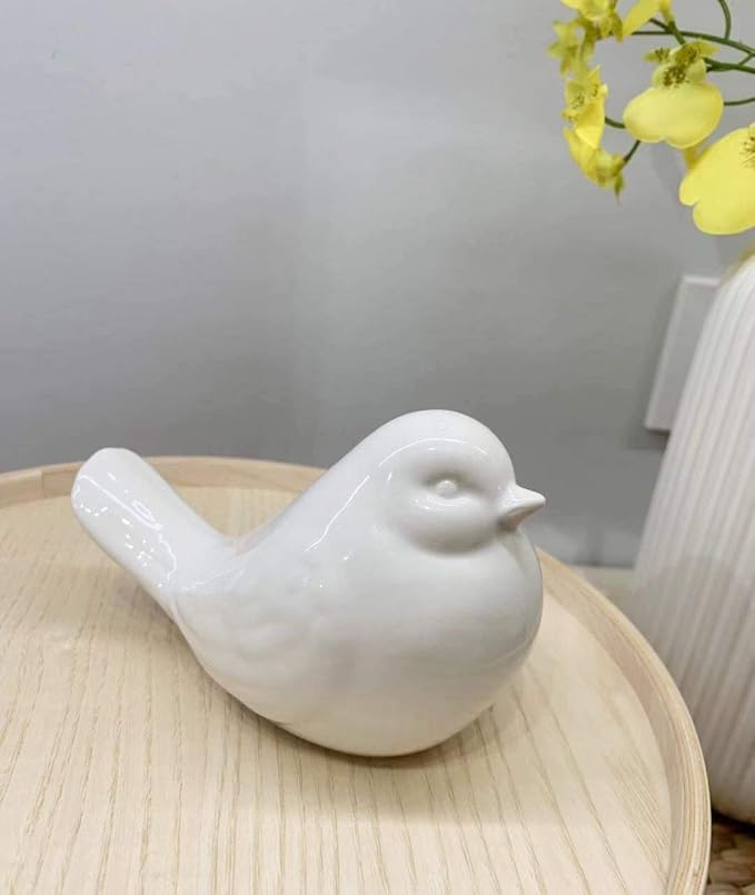 KiaoTime New White Glazed Ceramic Bird Figurine, Bird Statue, French Country Garden Cottage Bird Ornaments, Home Decor Accents Collectible Bird Figurine