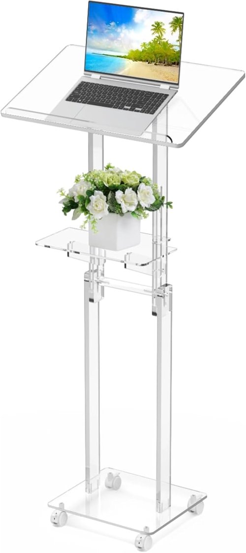 Skiennix Acrylic Podium Stand - Portable Rolling Design with Lockable Wheels & Adjustable Height | Clear with Storage Shelf