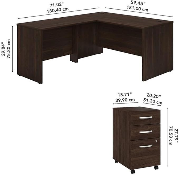 Bush Business Furniture 60W x 30D L Shaped Desk with Mobile File Cabinet, Corner Table and Drawers for Home or Professional Office, Studio C Collection, Black Walnut