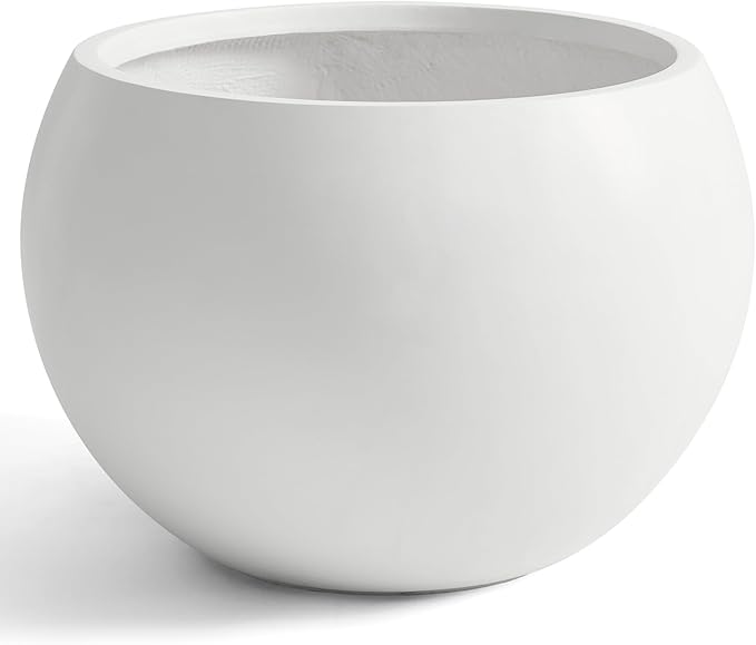 21.3" D Fiberstone Extra Large Planter, 16.6" Pot Opening x 14.8" H, Spherical Flower Pot with Drainage Hole, Weather Resistance Indoor Outdoor Planters, White