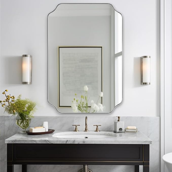 ANDY STAR Chrome Bathroom Mirror, 20x30 Inch Polished Nickel Vanity Mirror, Scalloped Mirror in Rustproof Stainless Steel Thin Frame, Unique Rounded Notched Corners, Ideal for Narrow Bathroom Remodel