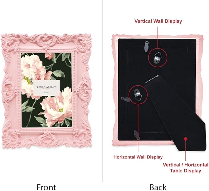 Laura Ashley 4x6 Pink Ornate Textured Hand-Crafted Resin Picture Frame with Easel & Hook for Tabletop & Wall Display, Decorative Floral Design Home Décor, Photo Gallery, Art, More (4x6, Pink)