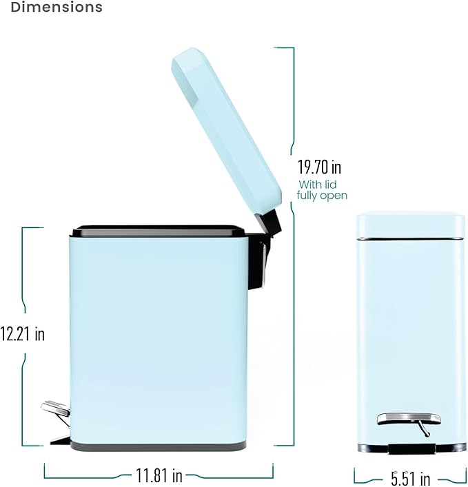 Home Zone Living 1.3 Gallon Small Bathroom Trash Can with Lid and Step Pedal, Stainless Steel Wastebasket with Slim Design for Home and Office, Powder Blue, 5 Liters