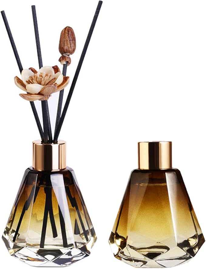 2Pcs 60ml/2oz Empty Refillable Amber Diamond Shape Glass Diffuser Bottle with Gold Lid Essential Incense Oil Diffuser Jars Fragrance Scent Diffuser for Home Office Shelf Decor (Exclude Sticks)