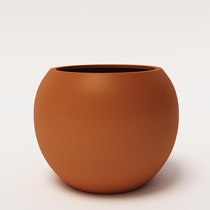 DTY Signature Mount Sherman Modern Indoor Outdoor Fiberstone Sphere Planter, Durable Round Garden Pot, Weather Resistant, Drainage Hole & Rubber Plug, Planter for Christmas Tree - Large, Terracotta