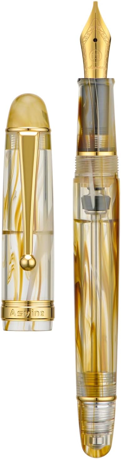 Asvine V126 Vacuum Filling Fountain Pen, Brown Swirl Acrylic Stub Nib 1.1mm Calligraphy Art Drawing with Case Set
