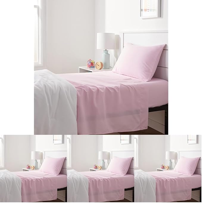 Amazon Basics Kid's Soft Easy-Wash Lightweight Microfiber 3-Piece Sheet Set, Twin, Light Pink, Solid (Pack of 4)