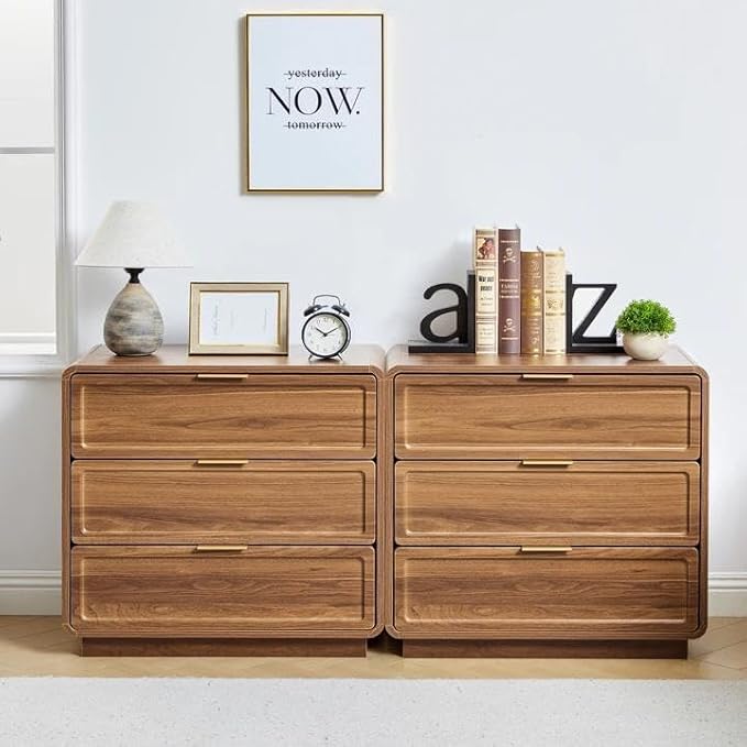 Modern Nightstand Set of 2 for Bedroom, 26'' Wide Wood 3 Drawers Bedside Table, Large Dresser w/Curved Profile Design, Side Table, End Table with Storage Drawers for Living Room, Entryway, Walnut