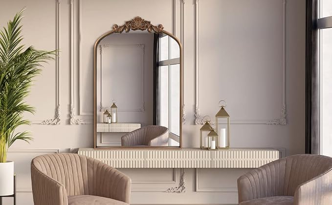 OUSHUAI Gold Brass Mirror for Wall,Gold Traditional Vintage Ornate Baroque Mirrors,Victorian Antique Bronze Mirrors with Full Matel Frame,Arched Mirror for Entryway/Bathroom/Fireplace 24"X36"