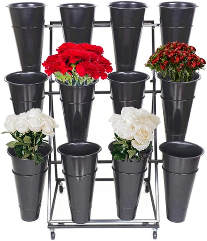 Decorative Display Stand With Buckets for Cut Flowers, Heavy Duty Rolling Plant Stand on Wheels, Indoor Outdoor Cart Ladder Shelf for Florist, Garden, Patio (3 Tier 12 Black Bucket)