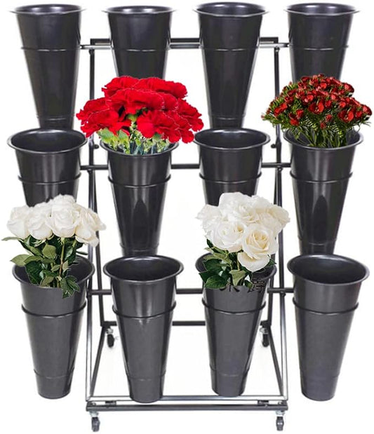 Decorative Display Stand With Buckets for Cut Flowers, Heavy Duty Rolling Plant Stand on Wheels, Indoor Outdoor Cart Ladder Shelf for Florist, Garden, Patio (3 Tier 12 Black Bucket)