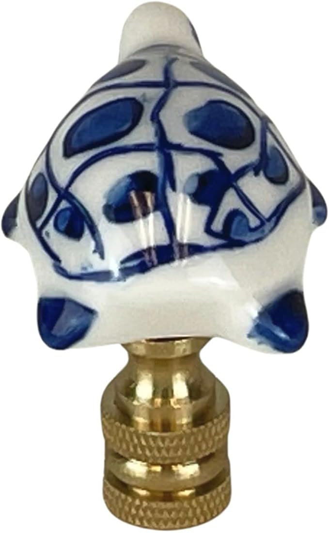 Royal Designs, Inc. Blue & White Porcelain Turtle Finial for Lamp Shade, Polished Brass