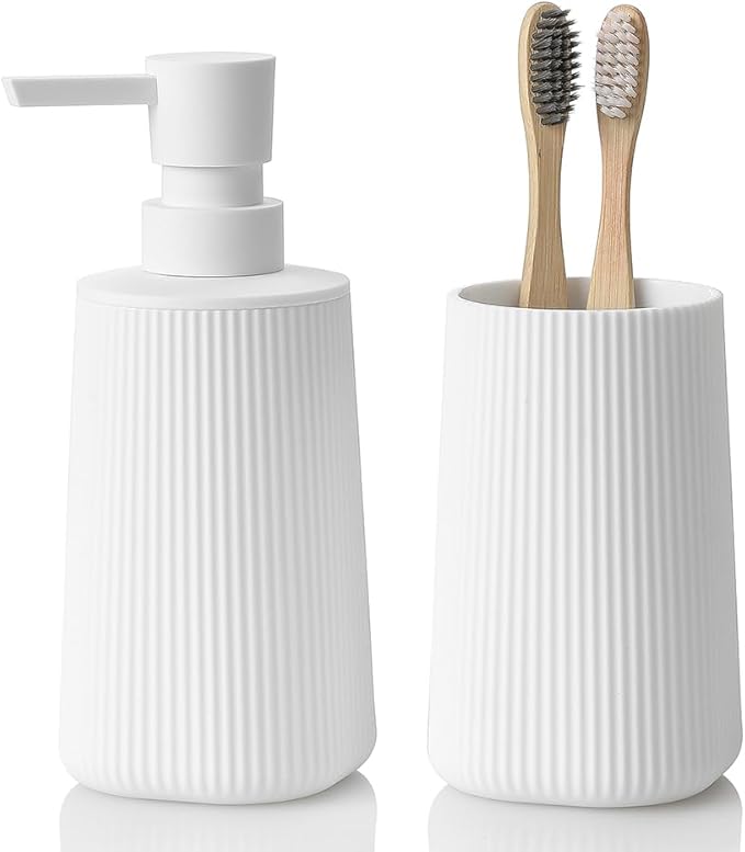YAUKPH Bathroom Accessories Set 2 Piece Soap Dispenser and Toothbrush Holder for Bathroom Countertop Striped White