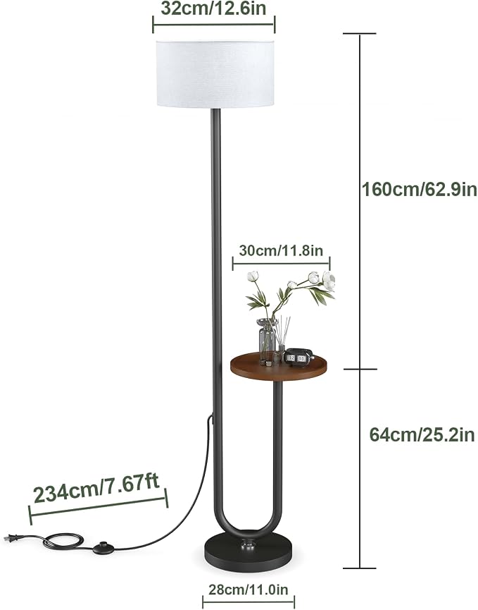 62.9" Floor Lamp with Table Brown, White Lampshade Vintage Standing Lamp with Tray Foot Switch, 3 Color Temperatures LED Bulb Included, for Living Room, Bedroom