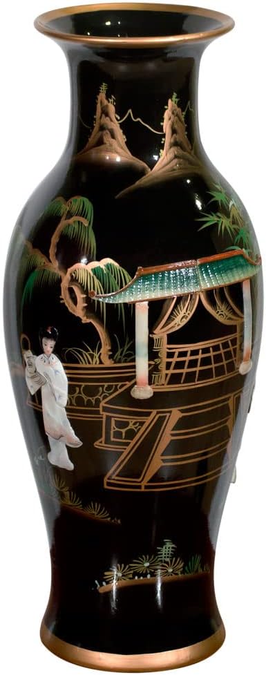 China Furniture Online 24 Inch Black Lacquer Mother of Pearl Oriental Porcelain Vase