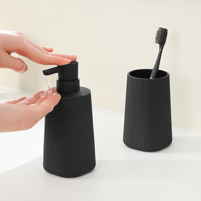 YAUKPH Bathroom Accessories Set 2 Piece Soap Dispenser and Toothbrush Holder for Bathroom Countertop Striped Black