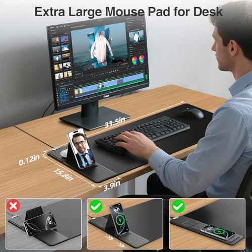 Wireless Charging Mouse Pad with Foldable Phone Holder, 31.5"x15.8" Large Desk Mat for Laptop/Keyboard, Waterproof Ultra-Smooth Surface, Non-Slip Base, Black