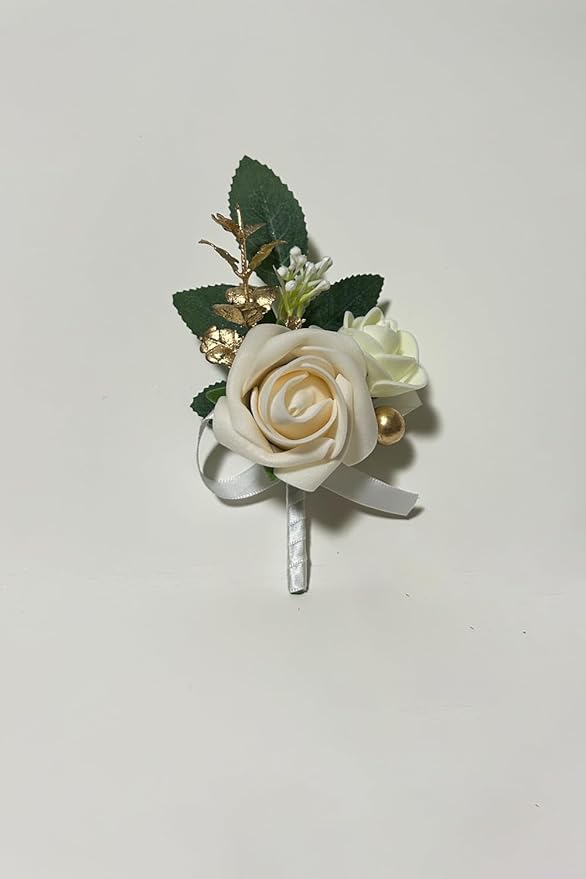 6PCS White Boutonniere for Men, Ivory Boutonniere Pins for Men Groomsmen Guest Boutonniere, Artificial Flowers for Wedding Decor Prom Homecoming