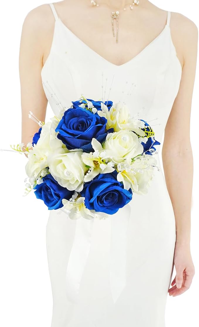 Royal Blue & White Wedding Bouquets for Bride Bridesmaid Bouquet Artificial Roses Tossing Bridal Bouquet for Wedding Church Home Decoration, Gifts