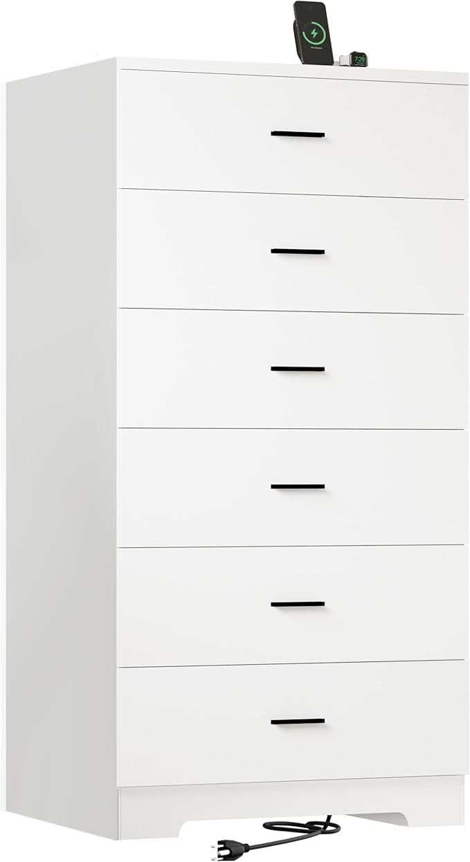 48" Tall Dresser for Bedroom Chest of Drawers with Power Outlets Wood 6 Drawers Dresser with Large Storage Space and Metal Handles Modern Closet Storage Drawer for Living Room Hallway White