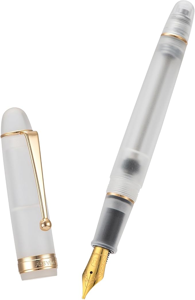 Asvine V126 Vacuum Filling Fountain Pen, Frosted Clear Acrylic Stub Nib 1.1mm Calligraphy Art Drawing Clear Demonstrator Acrylic with Case Set