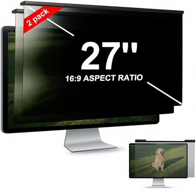 [2 PACK] EliWhale 27 Inch Removable Hanging Computer Privacy Screen for 16:9 Widescreen Monitor, Matte Anti-Glare, Bluelight Block, 30° Anti-Spy, Eye Health Monitor Privacy Shield for LG HP AOC Acer,613*370mm(24.1 * 14.5 inch)