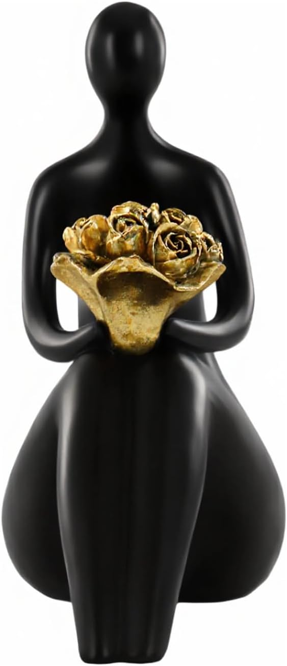 Lescafita Black Abstract Figure Statue with Golden Flowers, Modern Resin Sculpture, Minimalist Art Figurine for Home or Office Decor, Elegant Gift for Art Enthusiasts
